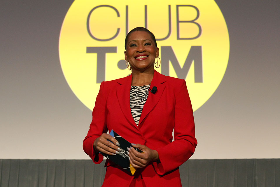 Jacqueline Stewart speaks onstage at a “Tribute Conversation with Floyd Norman” in 2022.
